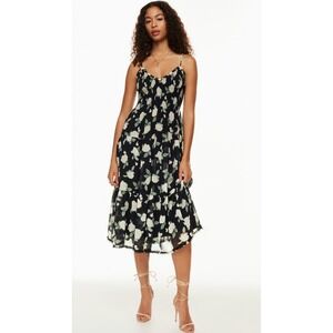Aritzia Wilfred Dark Floral Tuberose Midi Dress Tiered Smocked Lined, Size Small
